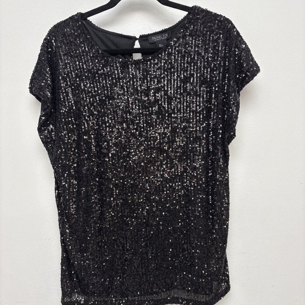 Rachel Zoe Blouse, Black Sequin, Capped Short Sleeves, Women’s Size Large‎